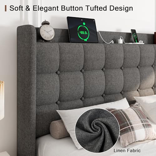 Queen Bed Frame, Upholstered Platform Bed with Charging Station, Modern Wingback Storage Headboard, Solid Wood Slats Support, No Box Spring Needed, Dark Gray - Image 5